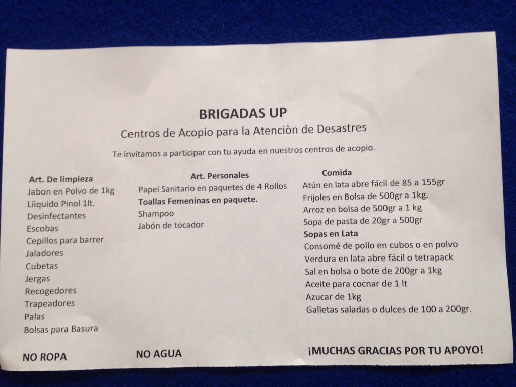 HumanidadesUP's tweet photo. Les dejamos una lista de los artículos que pueden traer al #CentrodeAcopio #BrigadasUP @UPMexico https://t.co/a0SLj2rQwh