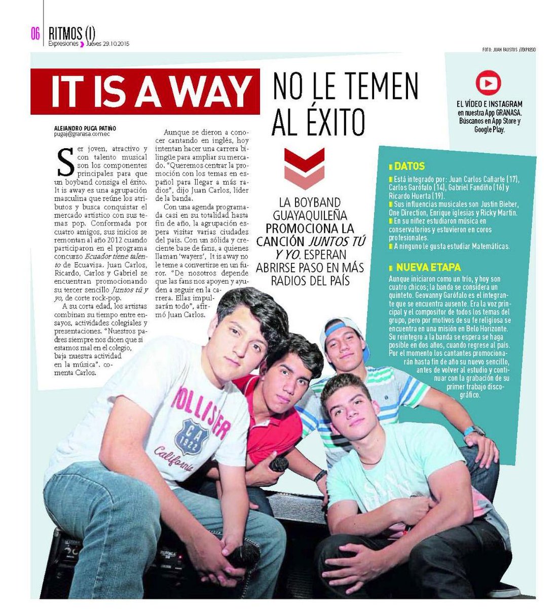 AlejandroPuga's tweet photo. .@ItIsaWayOficial No le teme al éxito. La boyband ecuatoriana habló con @expresionesec. #wayers #juntostúyyo https://t.co/oxdM2g24dG