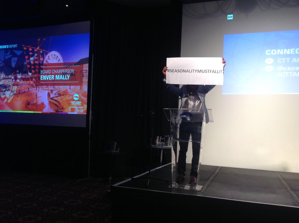 CapeTownTourism's tweet photo. Enver Mally says - #seasonalitymustfall. "Together we can achieve so much more" #CTTAGM https://t.co/1d8VNBbxDK