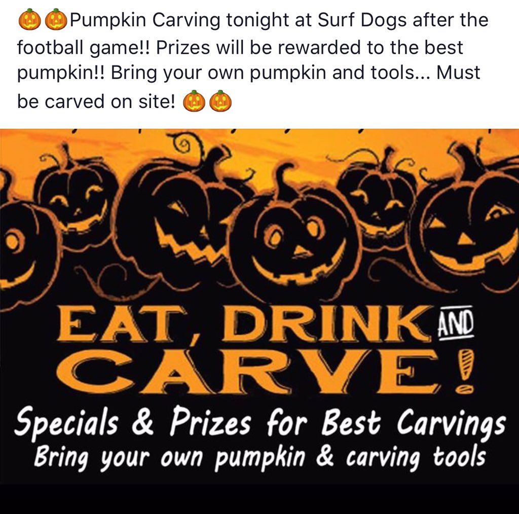 SurfDogsHB's tweet image. Come carve pumpkins with us tonight after the football game! Prizes will be rewarded for best pumpkin🎃