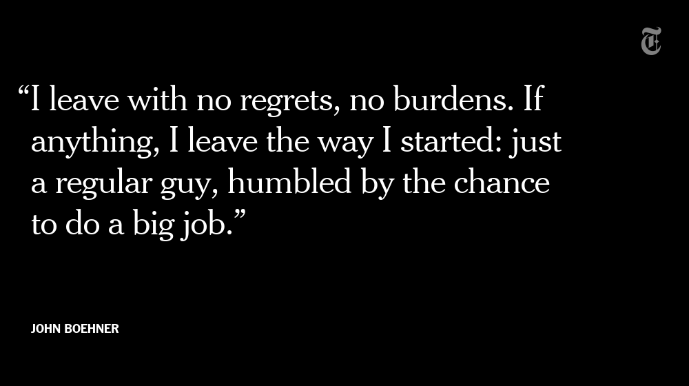 nytimes's tweet image. John Boehner said he has "no regrets" in his farewell speech as speaker of the House nyti.ms/1GyOV1G