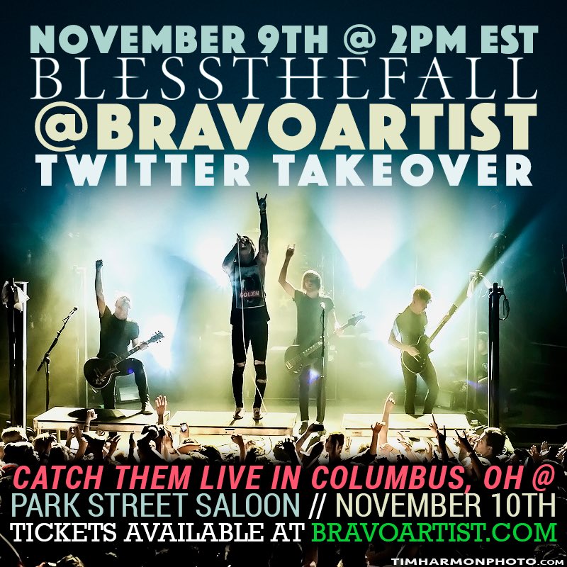 BravoPresents's tweet photo. Where are all the @blessthefall fans at? They'll be taking over my job on 11/9! Catch them at @ParkStSaloon on 11/10 https://t.co/WWjtKkajNz