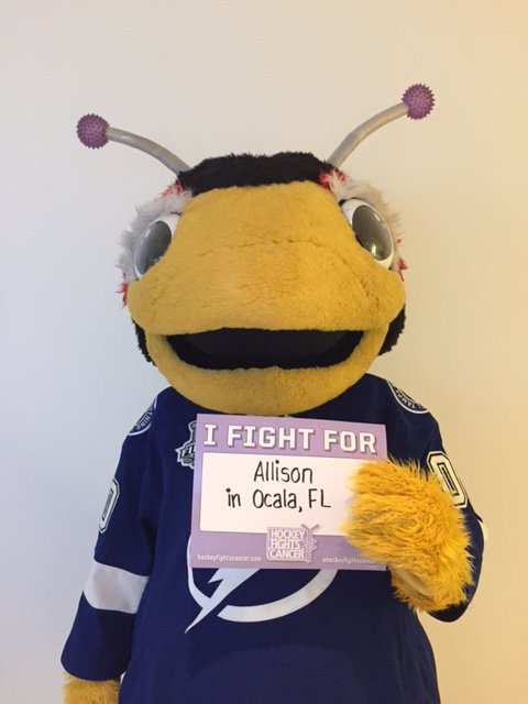NHL's tweet photo. .@ThunderBugTBL fights for Allison in Ocala. @TBLightning fans, tonight is your #HockeyFightsCancer Awareness Night. https://t.co/a2Y8RmpjSg