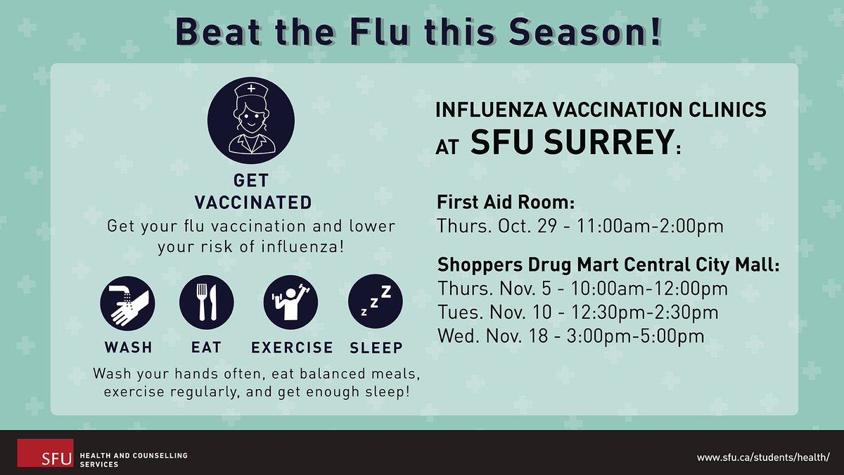SFUHCS's tweet photo. #flushot Today @SFUSurrey 11-2pm First Aid Rm. Donβt forget! #vaccinations https://t.co/FQFyP59079 #sfucentral https://t.co/flm6nk5PMn