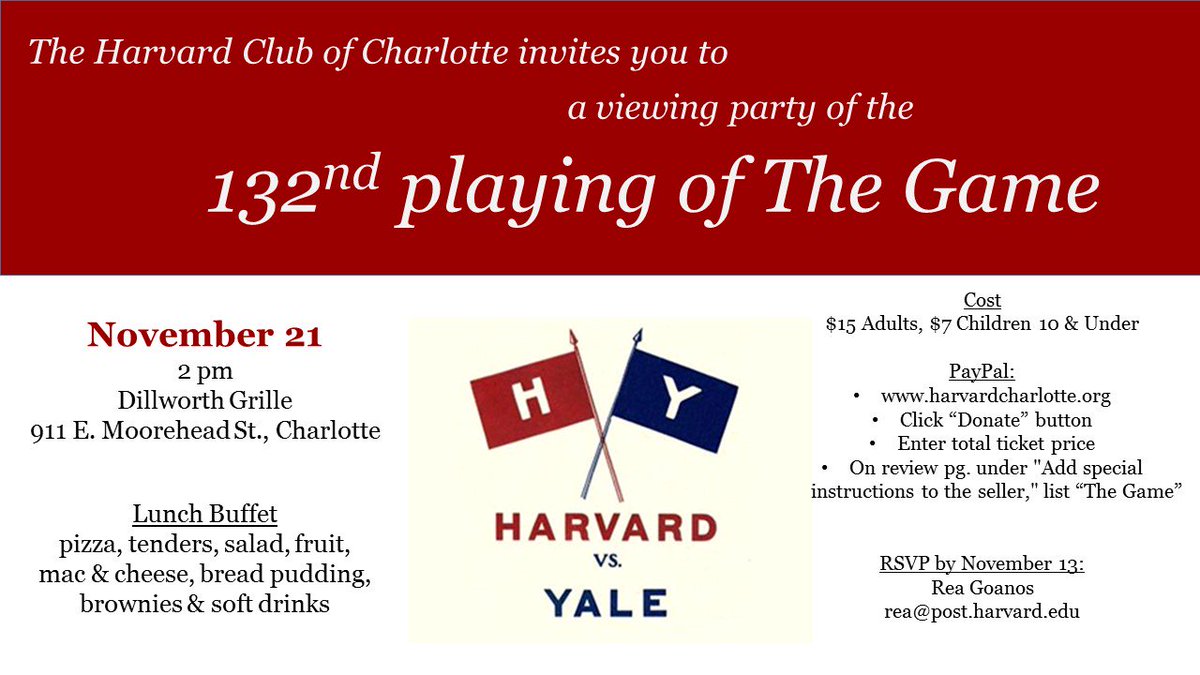 HarvardClubCLT's tweet photo. Join us for The Game Viewing Party on November 21 at 2 pm @dillworthng https://t.co/piIsSfWdTg