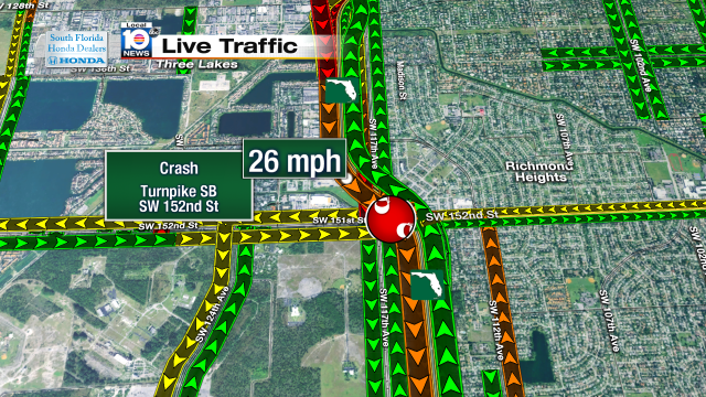 Crash on Turnpike SB at SW 152nd St. Speeds at 26mph #traffic #miami @JeniseFernandez https://t.co/BAQ7w9hpea