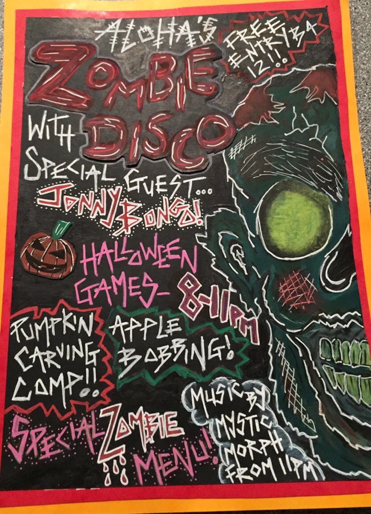AlohaLiverpool's tweet photo. Saturday night Halloween Zombie Disco. Fun &amp; frolics with @jonnybongolacey Face Painting with @JodeeStarkee 🎃👻💃🏼💀🎨🔥 https://t.co/KBo2bZ6eRm