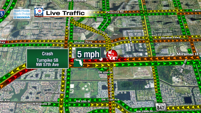 Crash on Turnpike SB at NW 57th Ave. Speeds at 5mph #traffic #broward @JeniseFernandez https://t.co/VkMRDH9G3E