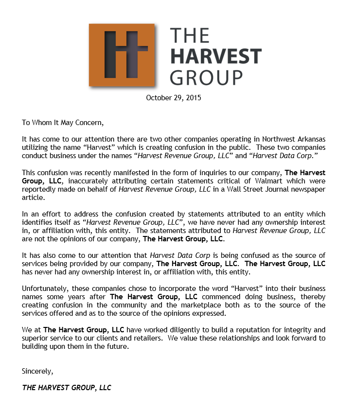 The Harvest Group has been confused with other similarly named businesses. Please see the attached letter to clarify