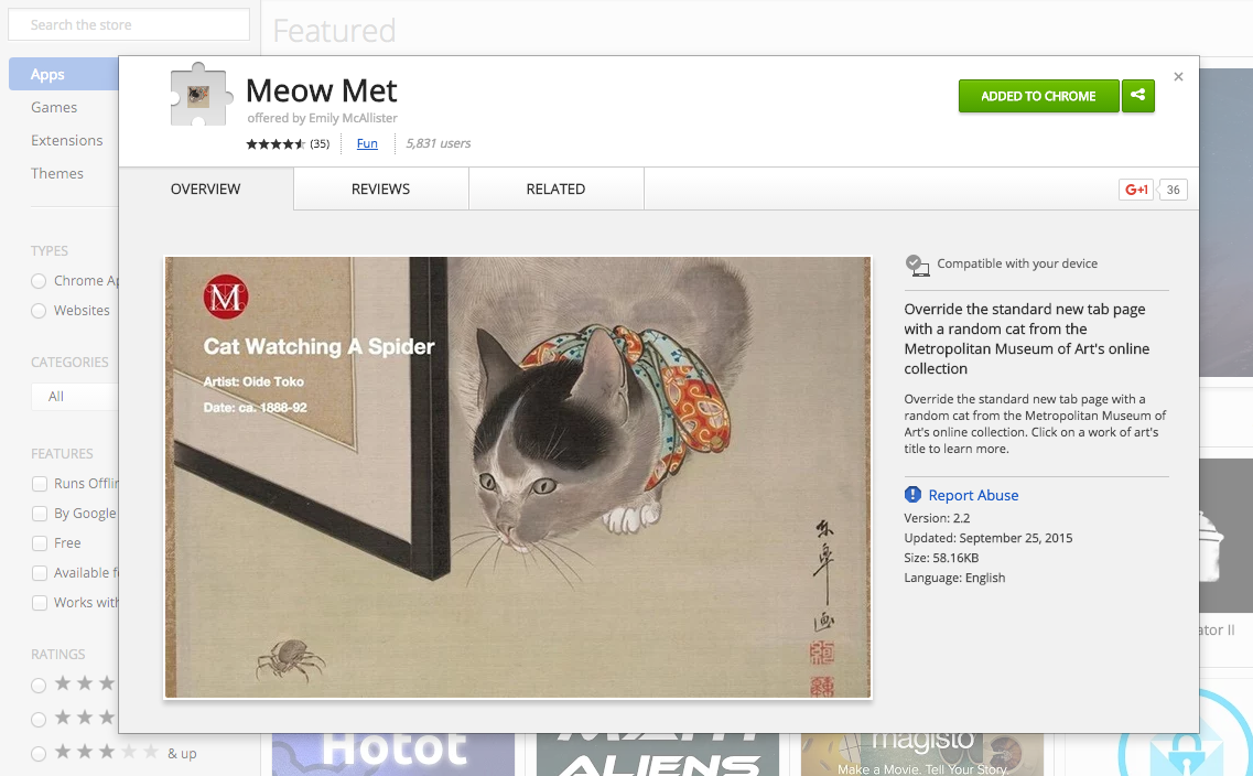 sree's tweet photo. #NationalCatDay Here's #MeowMet, a @googlechrome extension serving up cats from @metmuseum https://t.co/RAMhIbTdnQ https://t.co/6rzPrJtAfm