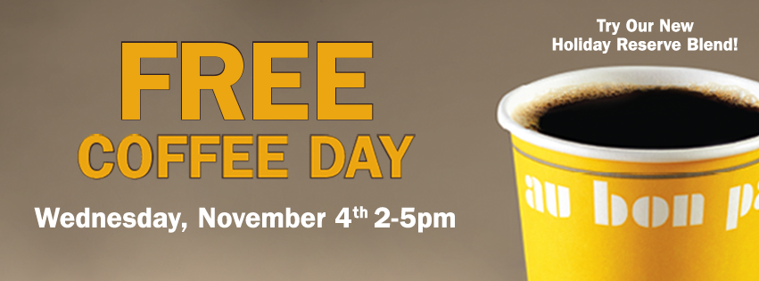 AuBonPain's tweet photo. Will you join us next week on November 4 for #FreeCoffeeDay from 2 to 5 p.m.? https://t.co/5FTjZHd14V https://t.co/OXHJXiNknI