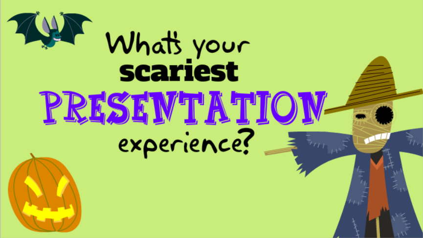 Powtoon's tweet photo. Tweet about your scariest presentation experience. Just use #bad2present. It'll be worth it #Halloween https://t.co/H353ENSS8D