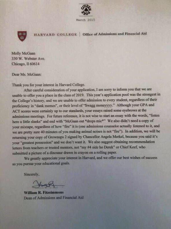 CauseWereGuys's tweet photo. Got denied from Harvard :( https://t.co/KAISpJq30y