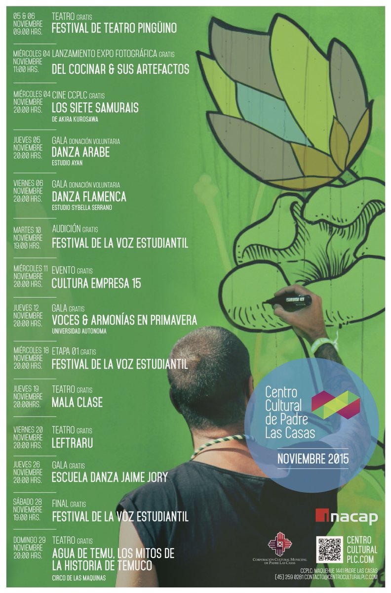 culturaplc's tweet photo. Noviembre en el #CCPLC @redculturacl @culturaraucania @_padrelascasas @AlexHenriquez_A @anamariasotoplc @canaltectv https://t.co/acsVo3PzSS