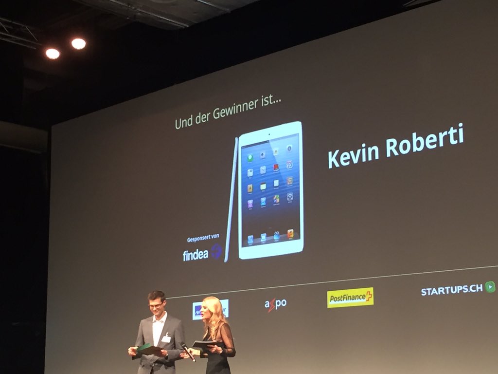 STARTUPSCH's tweet photo. @walterregli on stage for the #SwissStartupsAwards #SSA2015 and giving away an ipad mini from the online voting https://t.co/GUKFYgijMJ