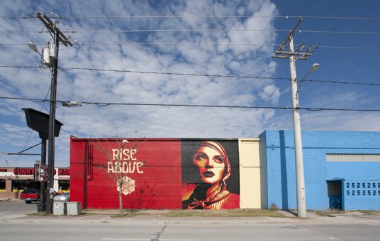 OBEYGIANT's tweet photo. Shot of the completed Rise Above mural in #Dallas, #tbt 2012.  Photo: Elizabeth Lavin #obeygiant #obey #mural https://t.co/IpJQW5HaeL
