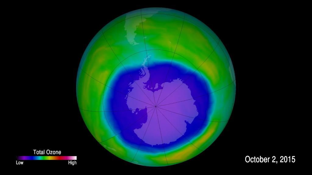 NASA's tweet photo. 2015 Antarctic ozone hole area was larger &amp; formed later than in recent years. Learn more: https://t.co/QSlv1nr9Pe https://t.co/WJzNQiu7iN