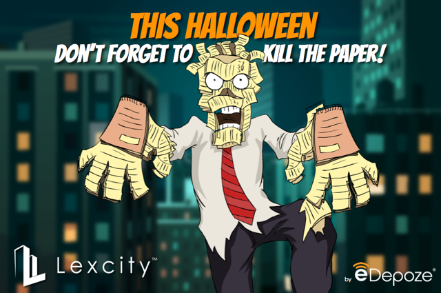 eDepoze's tweet photo. Don't let the paper zombies get you this #Halloween! #KillThePaper with @eDepoze & #litigation platform #Lexcity https://t.co/uGTLp1Y57N