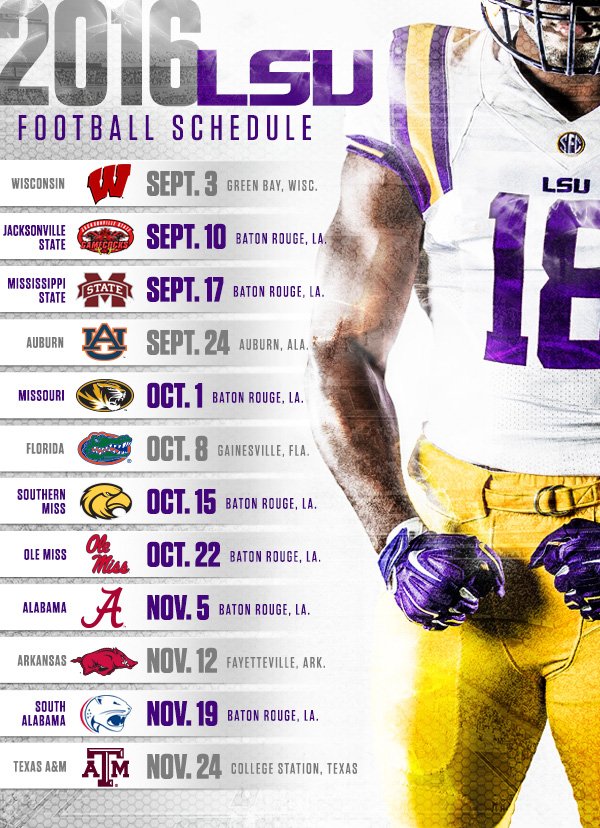 LSUfootball's tweet photo. The 2016 schedule has been announced! https://t.co/N2mPCmmyMI https://t.co/FXpHlEHrE6