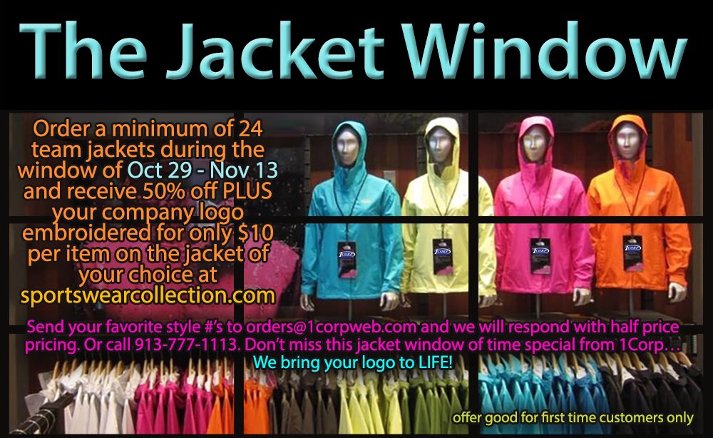 1CorpApparel's tweet photo. The window of time for ordering jackets is NOW! 50% off ALL jackets at https://t.co/E3897ISJLj PLUS $10 embroidery! https://t.co/EIJ4YDe7IP