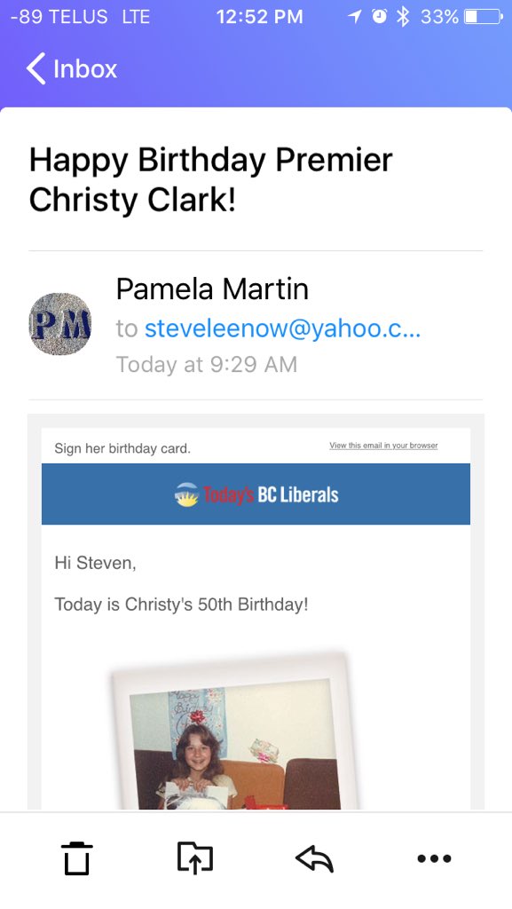 On a break from cleaning out my inbox to wish Premier Christy Clark a happy birthday! ;)  