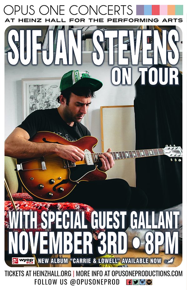 opusoneprod's tweet photo. CONTEST: We're giving away a pair of tix for Sufjan Stevens on Tue 11/3 at Heinz Hall! Just follow us + RT to enter! https://t.co/5N2Skyh3ha