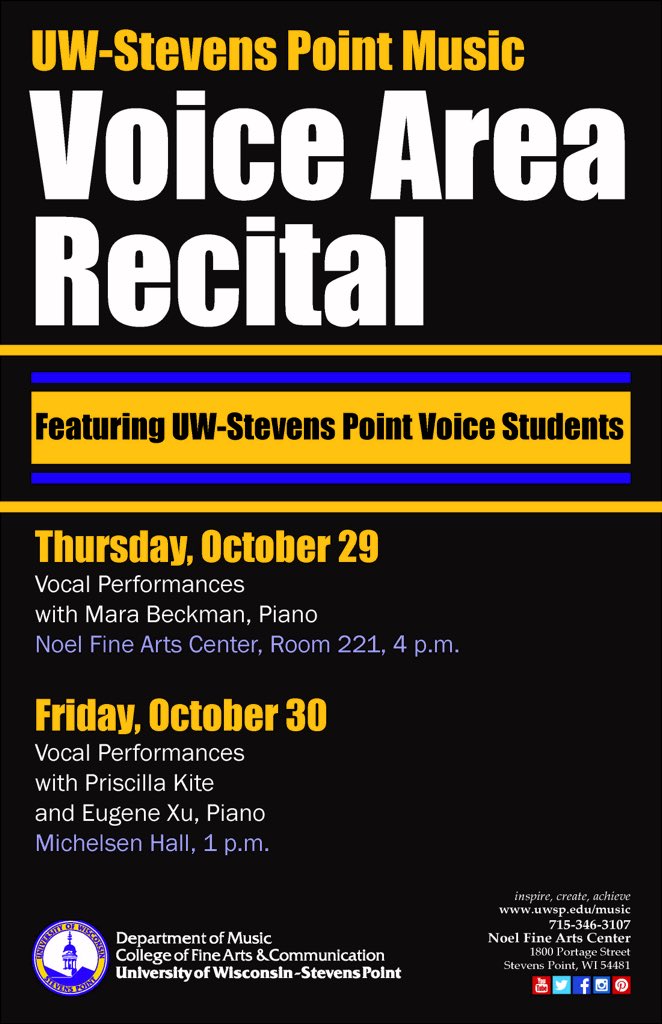 Remember to joins us this afternoon for our Voice Area Recital at 4 p.m. in room 221 of the Noel Fine Arts.
