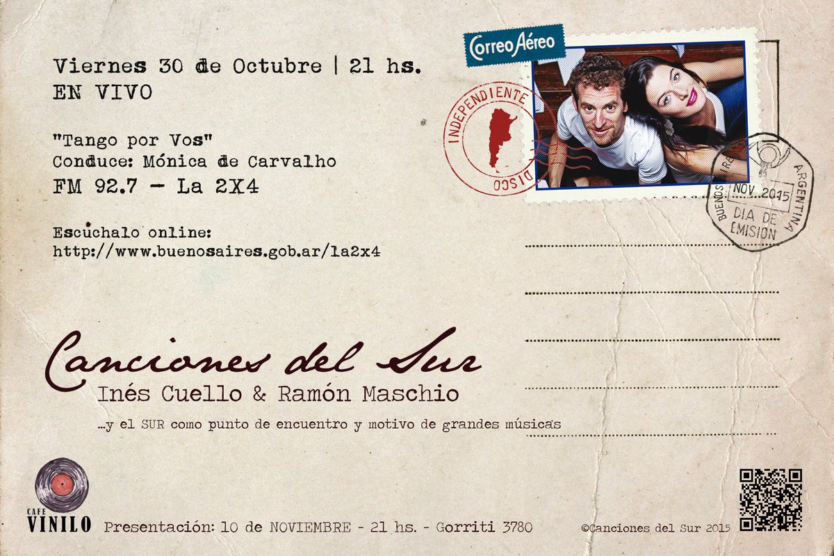 CancionesSur's tweet photo. Viernes 30/11, 21 hs. tocamos en vivo y charlamos con @MonideCarvalho en @la2x4 @927tango https://t.co/0WkbLk8Vaw