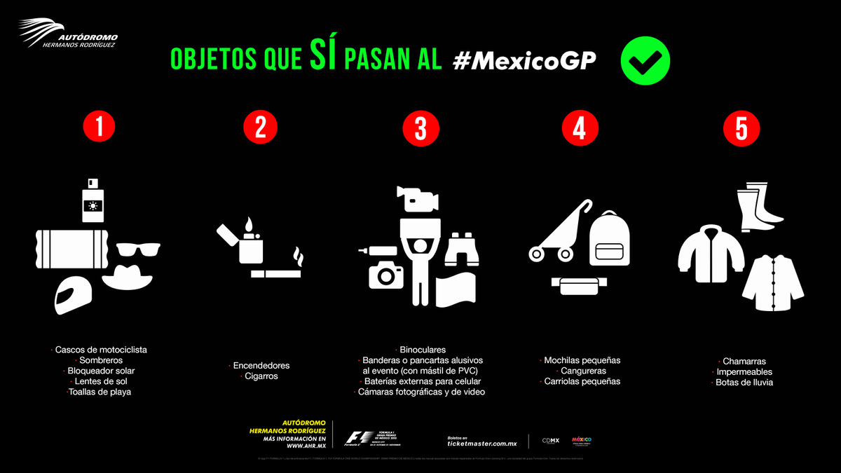 mexicogp's tweet photo. Te recordamos las cosas que SÍ están permitidas traer al #MexicoGP https://t.co/k7yQJngKVy