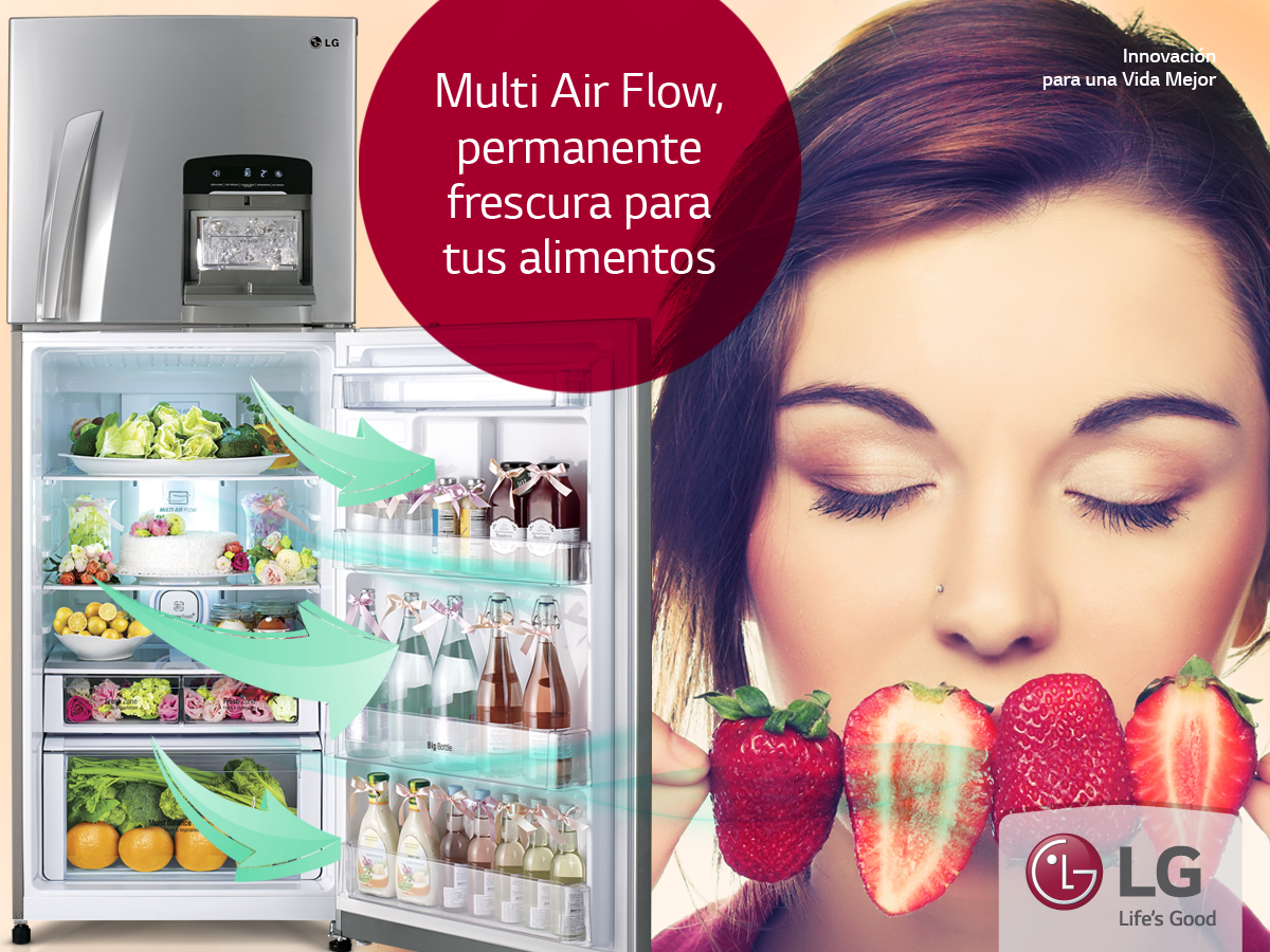 LGEcuador's tweet image. ¡Tus alimentos y bebidas se refrescan en instantes con el sistema #MultiAirFlow! #CleanAirAllTime #LGEcuador