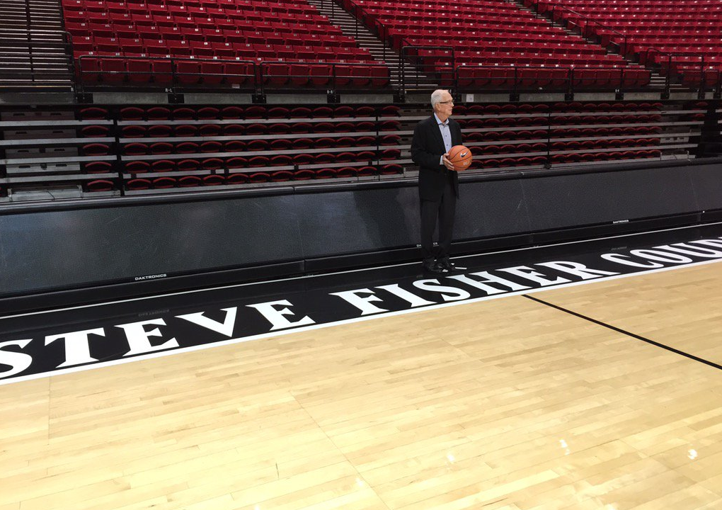 SportsCenter's tweet photo. San Diego State honors head coach Steve Fisher by naming their court after him. (photo via @alliewagnertv) https://t.co/MbcU3jaUVe
