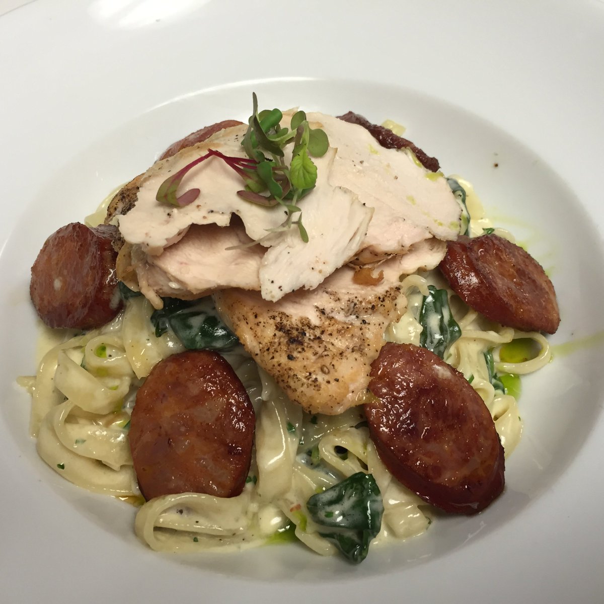 Come enjoy House-Made Fettuccini, Andouille Sausage, Chicken, Alfredo Sauce...#dinner #swva #roanoke #pasta