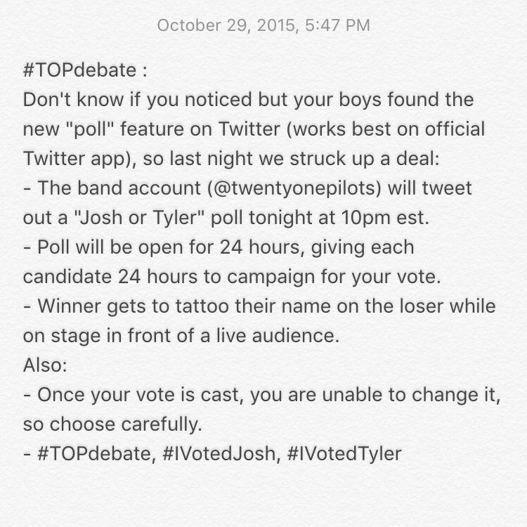twentyonepilots's tweet photo. #TOPdebate https://t.co/2aIoogg2C6