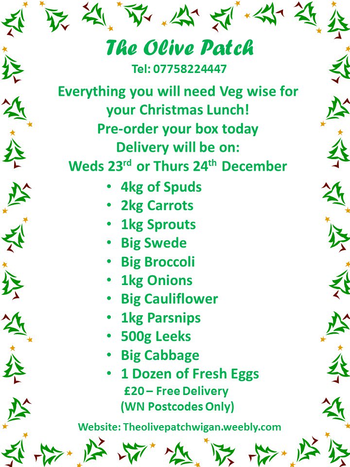 TheOlivePatch's tweet photo. Content of 2015 christmas veg box.
#theolivepatch #vegbox delivered to your door
https://t.co/KLNSqmhRwv https://t.co/9kSTEsqQJR