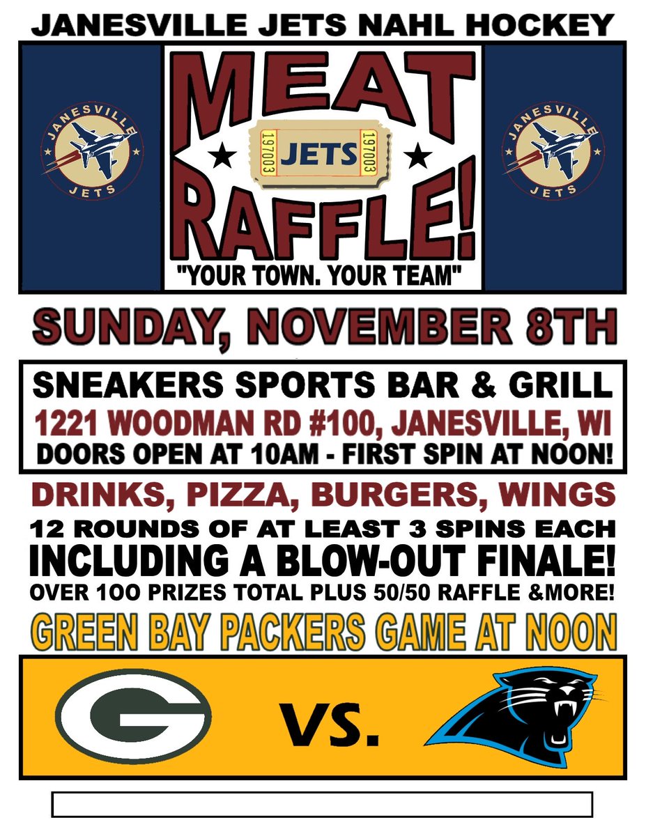 JanesvilleJets1's tweet photo. Join us for a Meat Raffle at Sneaker's next Sunday, Nov 8, to watch the Packers play! https://t.co/6SfX4ZCvmz