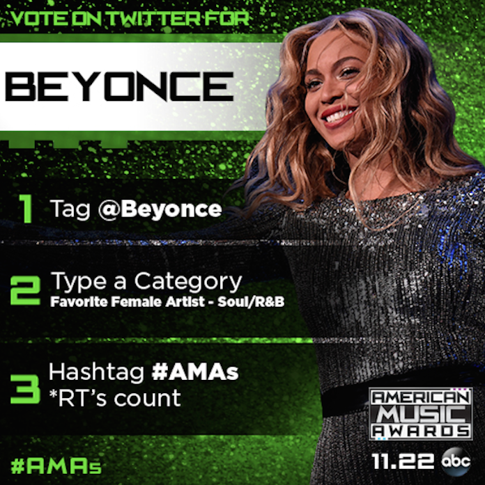 BeyLegion's tweet photo. RT + Tweet it yourself: @Beyonce Favorite Female Artist - Soul/R&amp;B #AMAs https://t.co/AZfrGVFFuf