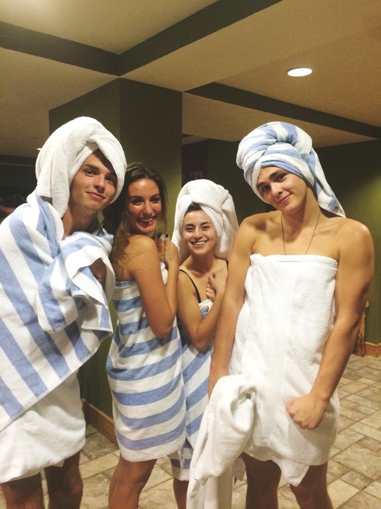 tristensummer's tweet photo. We snuck Aaron &amp;Isaac into the girls steam room then had to disguise them to get them back out past the janitor😂 https://t.co/L6yVk0oaDR