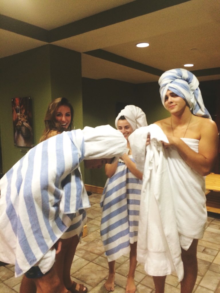 tristensummer's tweet photo. We snuck Aaron &amp;Isaac into the girls steam room then had to disguise them to get them back out past the janitor😂 https://t.co/L6yVk0oaDR