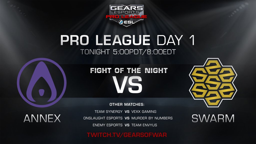Twitch's tweet photo. LIVE: @SwarmHQ vs @Annex_Official headline tonight's matches in the Gears of War Pro League! https://t.co/WVS88srgNq https://t.co/QARY1qni2e