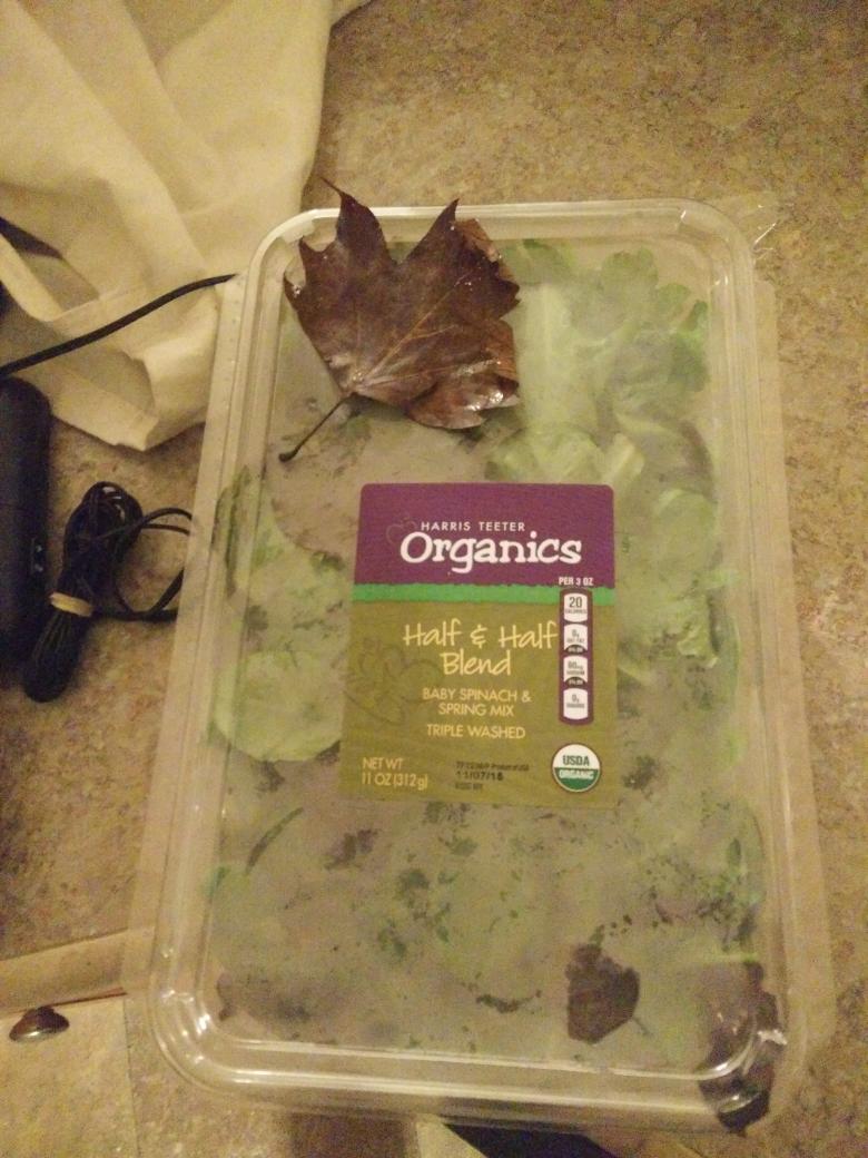 napoleoncomplex's tweet image. Hey @HarrisTeeter, I know it's fall, but your spring mix with baby spinach leaves shouldn't include ACTUAL leaves!