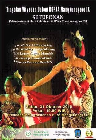 AgendaSOLO's tweet photo. #TODAY Tingalan Wiyosan KGPAA Mangkunegoro IX "Setuponan" | 31 Okt 15 pkl 19.00 | Pendapa Prangwedan, Manguknegaran https://t.co/EbigBSK2Gc