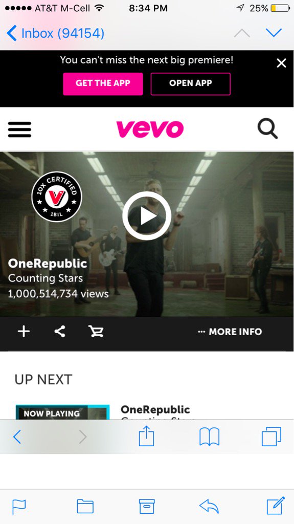 OneRepublic's tweet image. 1 Billion views of Counting Stars today!  HUGE Thank u to our fans. Thank u @Vevo @YouTube &amp;amp; @UMG worldwide!!
