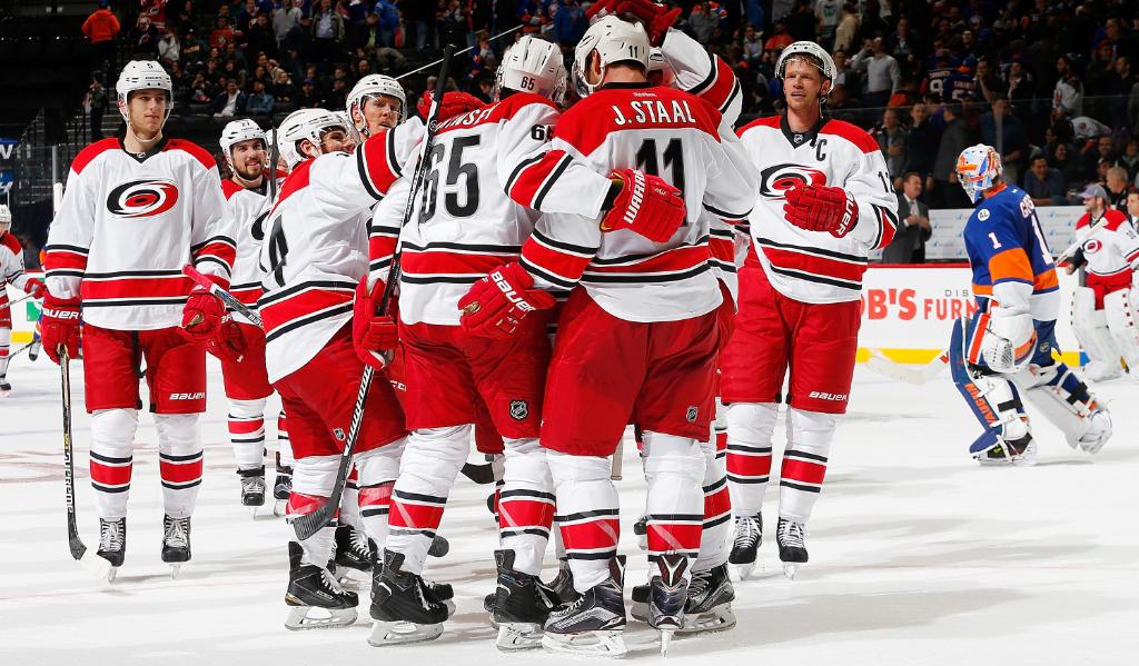 NHL's tweet photo. Hainsey played hero again, netting the second straight game-winner for the @NHLCanes. https://t.co/i0TE08XWVl
