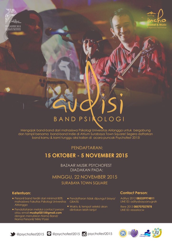 Bazaar Musik Psychofest 2015 mempersembahkan:
AUDISI BAND PSIKOLOGI! <a href="/PsinobiUA/">Psinobi UA</a> <a href="/PATEN_UNAIR/">Psikologi UA 2010</a> <a href="/psikolastok/">Psikologi Unair 2011</a>