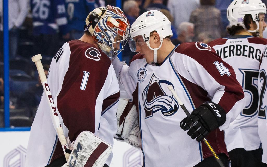 NHL's tweet photo. Varlamov's 108th win with the @Avalanche moves him to second place in franchise victories, behind only... his coach. https://t.co/BYcRTs4vzW