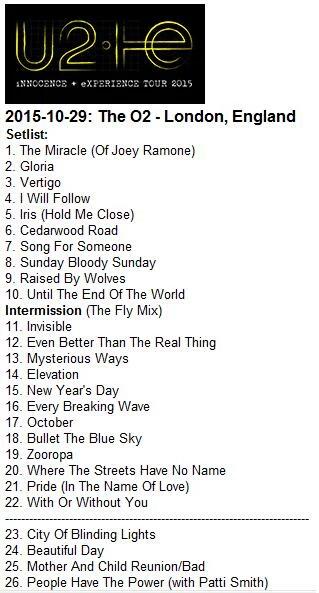 U2EXPO's tweet photo. Set list de anoche, tremendo 3' show en el @TheO2 de Londres, con Patti Smith de invitada! Vía @U2uruguay #U2ieTour https://t.co/c4i63f2Eng