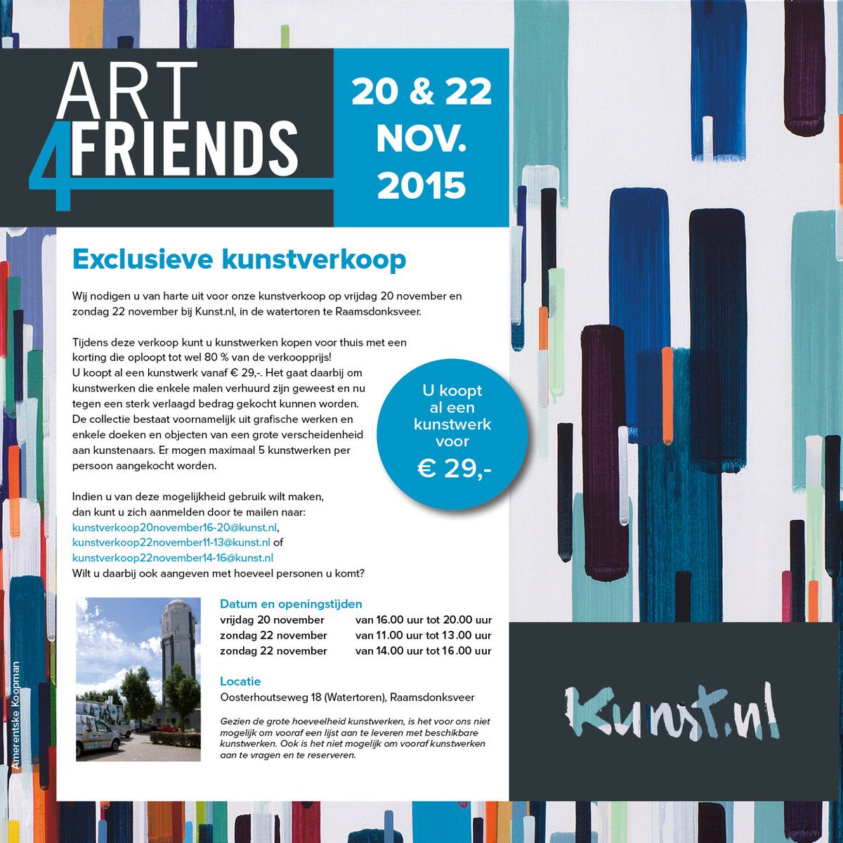 KunstNL's tweet photo. Thuis #kunst aan de muur voor een leuke prijs? Kom naar #Art4Friends op 20 en 22 nov! Meld je aan, #spreadtheword https://t.co/N51GK0KwPo