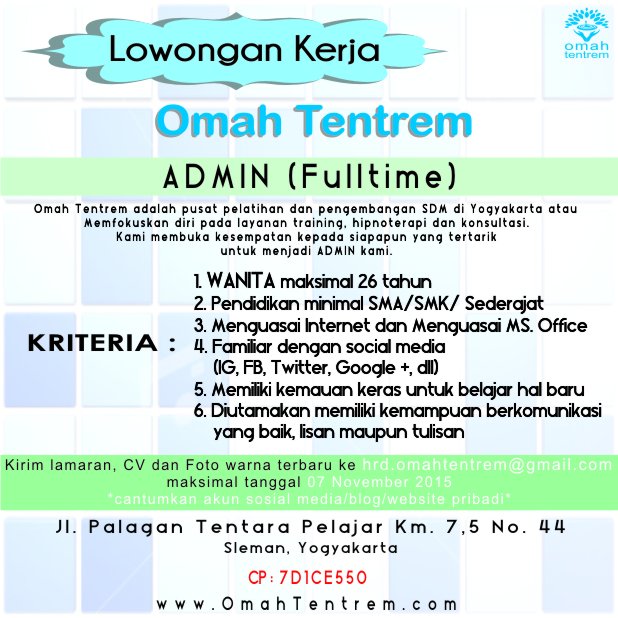 jogjalowker's tweet photo. #jogjalowker @OmahTentrem: Admin | Fulltime | min.SMU | Wanita Max.26 th | CV ke hrd.omahtentrem@gmail.com https://t.co/GaTrr6AUsy