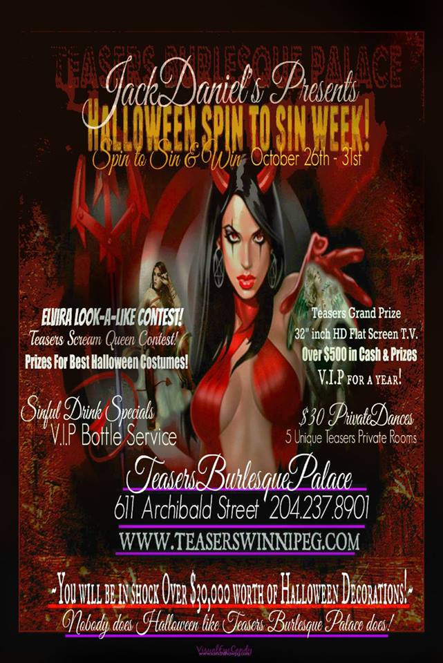 TeasersWinnipeg's tweet photo. Oct 30 &amp; Oct 31st #JackDaniels Presents #TeasersWinnipeg #Halloween #SpinToSIN! #TroubleDouble #HoneyDipp &amp; #DanaDee https://t.co/QLPRaCTFHK
