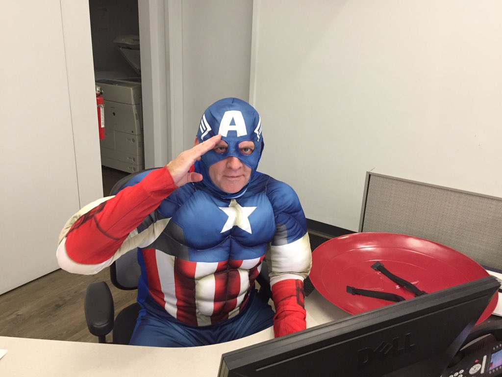 MichelleBNews12's tweet photo. Walked into the newsroom this am & saw #CaptainAmerica producing the shows.#HappyHalloween #notchrisevans https://t.co/YSU5hLkPmA